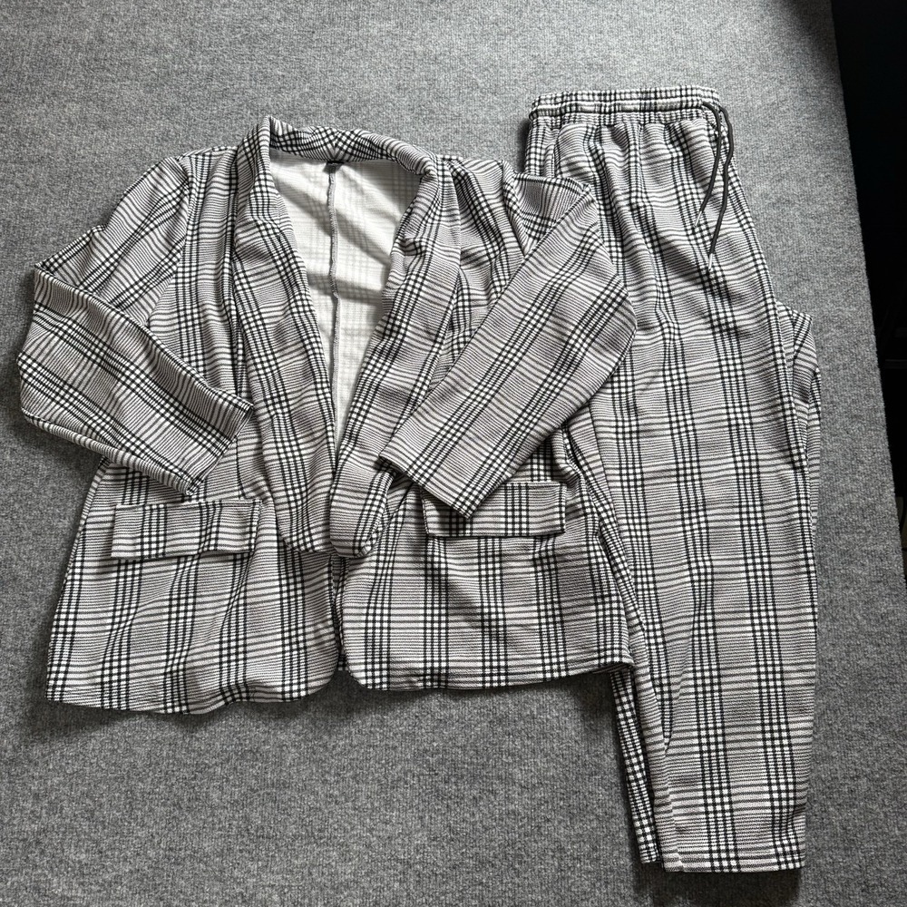 Womens Plaid Blazer 2 Piece Set Open Front Jacket Drawstring Pants Suit Casual3X